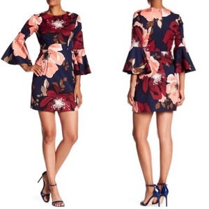 TRINA TURK Women’s Navy Splendid 3/4 Bell Sleeve Floral Faille Mini Dress Size 4